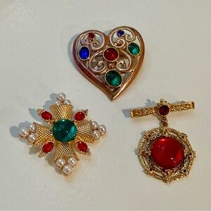 Lot of 3 Multi-Color Gem Cabochon Brooch Set - Elegant Heart & Medallion Pins